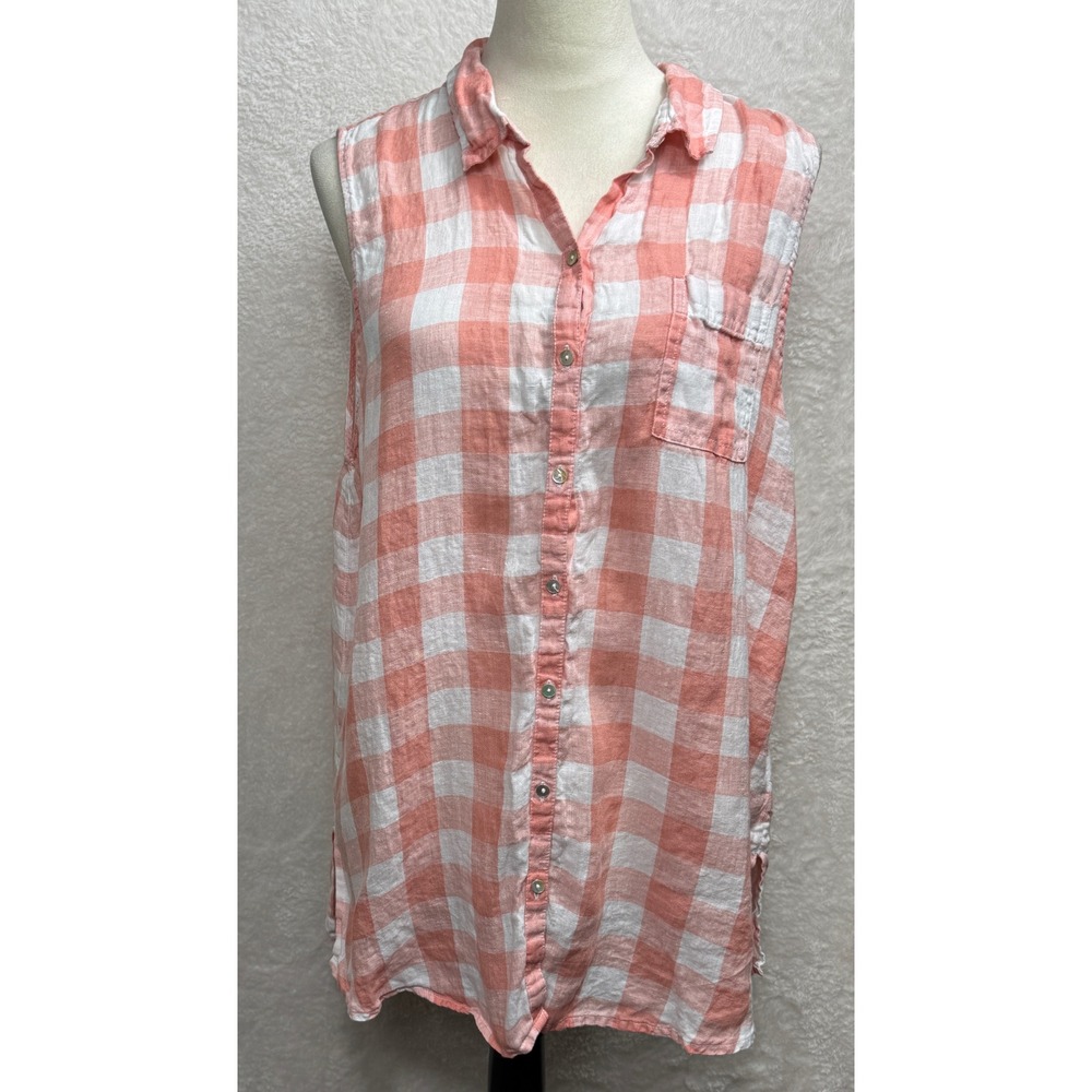 Isaac Mizrahi Linen Sleeveless Button Down Top Plaid Beach Resort Vaca Shirt XL